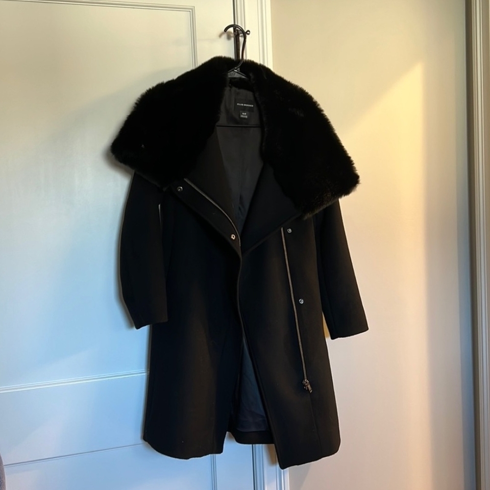 Club Monaco Black Trench Coat with Fur Collar